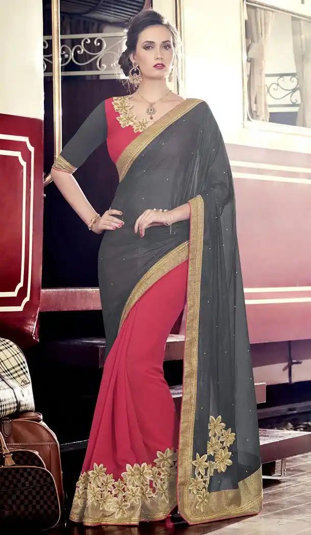 Georgette Chiffon Fabric Slate Color Embroidered Party Wear Saris | FH512778056