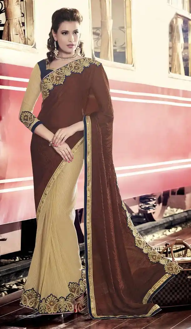 Chiffon Satin Fabric Chocolate Color Embroidered Party Wear Saris | FH512778058
