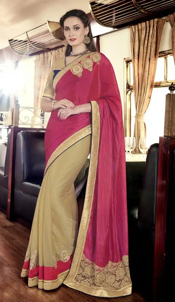 Lycra Silk Fabric Tan Brown Color Embroidered Party Wear Saris | FH512778060