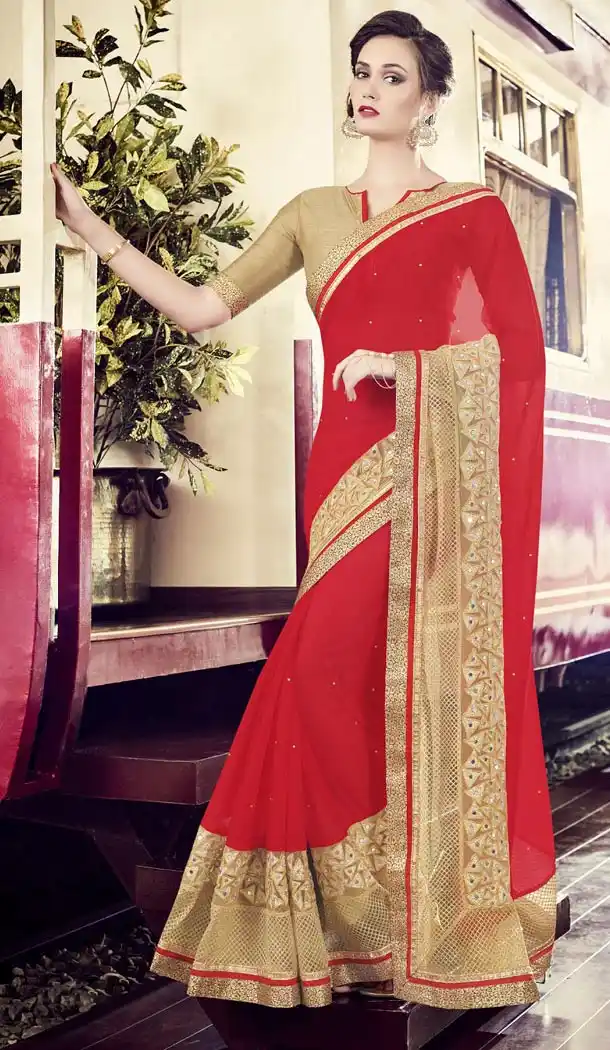 Chiffon Fabric Red Color Embroidered Party Wear Saris | FH512778061
