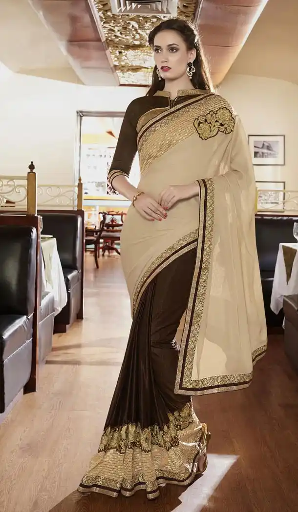 Fancy Fabric Chocolate Color Embroidered Party Wear Saris | FH512778062