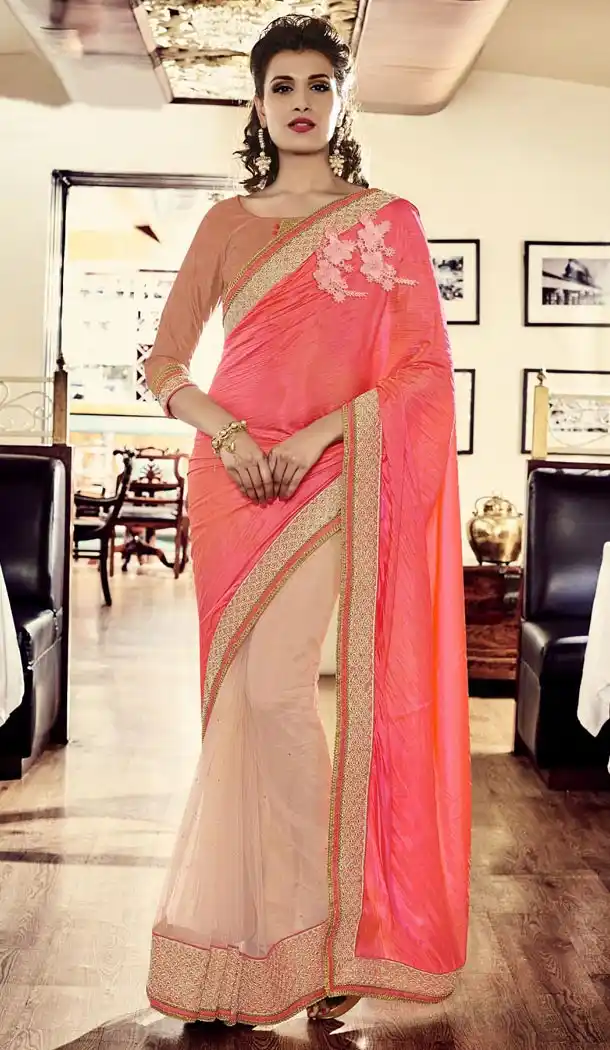 Net Silk Fabric Pink Color Embroidered Party Wear Saris | FH512778063