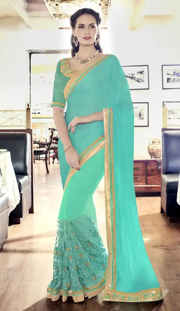 Georgette Chiffon Fabric Turquoise Color Embroidered Party Wear Saris | FH512778064