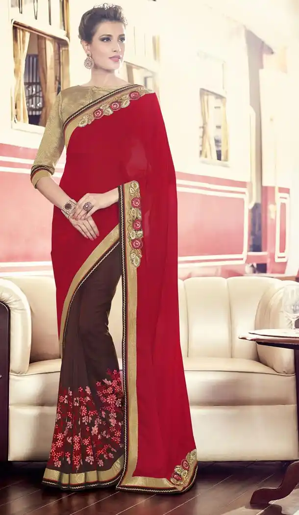 Georgette Chiffon Fabric Red Color Embroidered Party Wear Saris | FH512778065