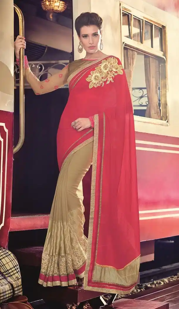 Georgette Chiffon Fabric Crimson Color Embroidered Party Wear Saris | FH512778066