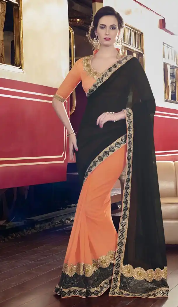 Georgette Chiffon Fabric Black Color Embroidered Party Wear Saris | FH512778067