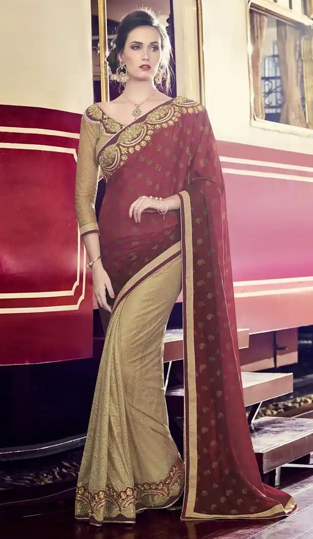 Jacquard Silk Fabric Tan Brown Color Embroidered Party Wear Saris | FH512778068