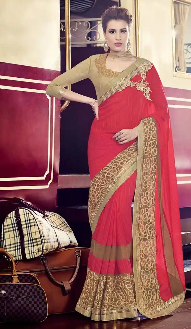 Fancy Fabric Red Color Embroidered Party Wear Saris | FH512778069
