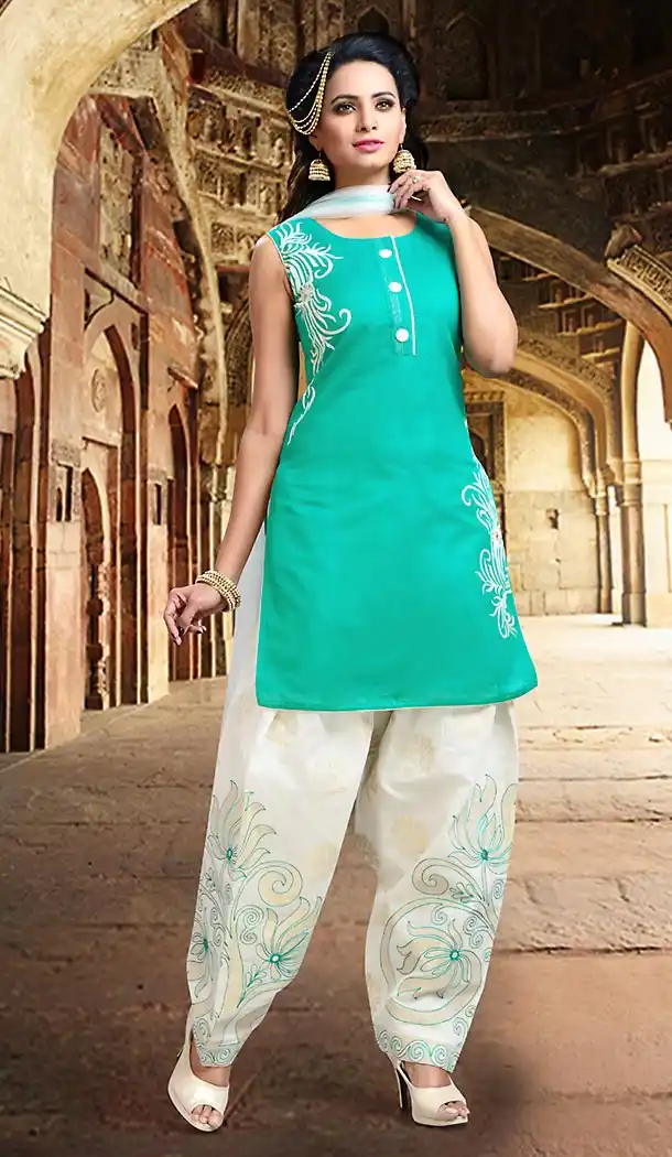 Turquoise Color Chanderi Silk Straight Cut Readymade Punjabi Patiyala Suit | FH512878070