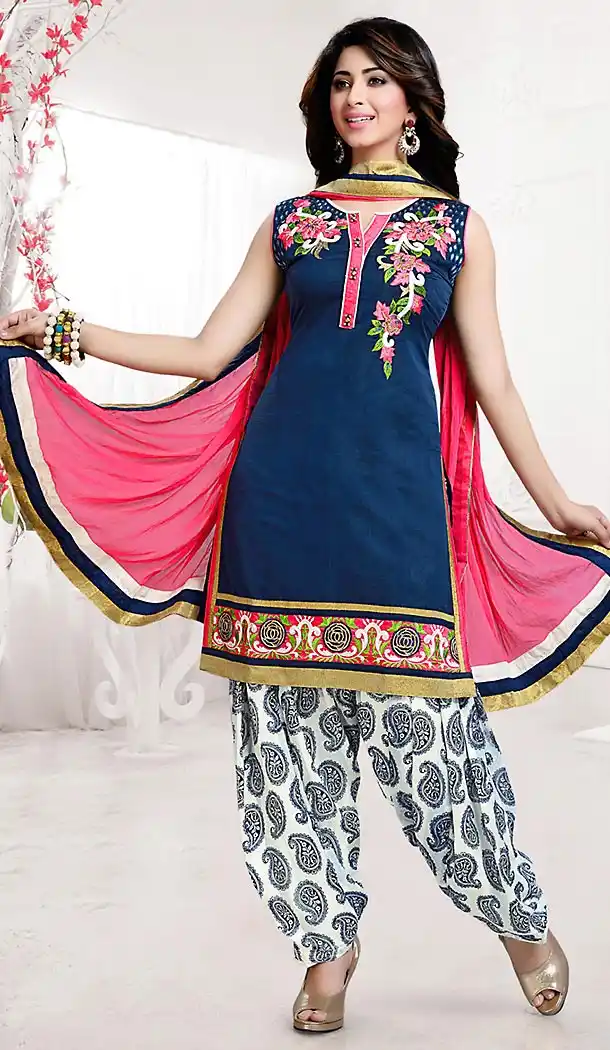 Navy Blue Color Chanderi Silk Straight Cut Readymade Punjabi Patiyala Suit | FH512878071