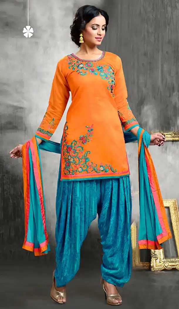 Orange Color Chanderi Silk Straight Cut Readymade Punjabi Patiyala Suit | FH512878073