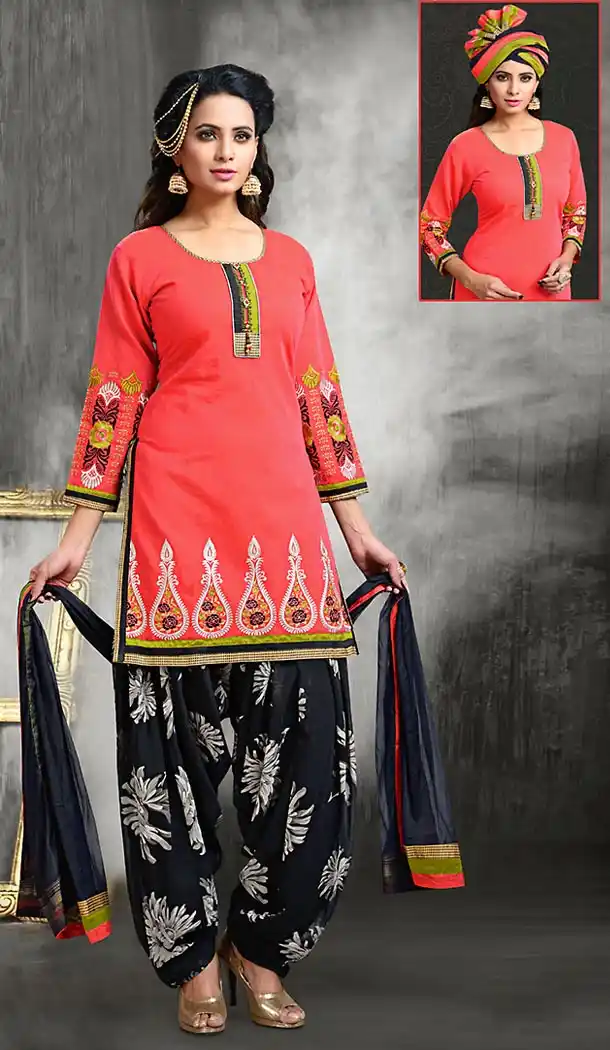 Coral Color Chanderi Silk Straight Cut Readymade Punjabi Patiyala Suit | FH512878074