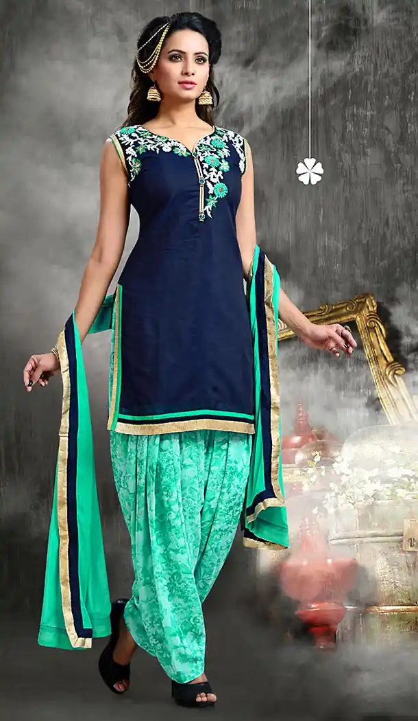 Navy Blue Color Chanderi Silk Straight Cut Readymade Punjabi Patiyala Suit | FH512878077