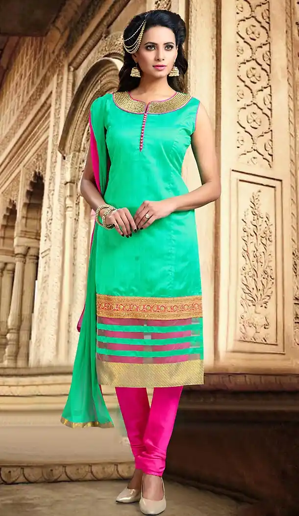 Mint Green Color Chanderi Silk Straight Cut Readymade Churidar Suit | FH512878078