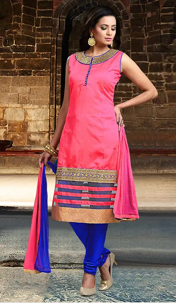 Deep Pink Color Chanderi Silk Straight Cut Readymade Churidar Suit | FH512878079