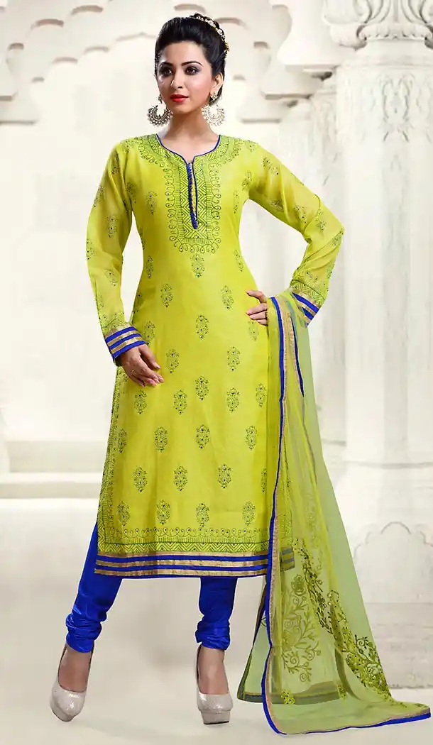 Parrot Green Color Chanderi Silk Straight Cut Readymade Churidar Suit | FH512878081