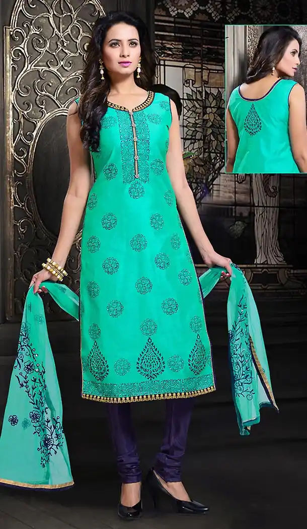 Turquoise Color Chanderi Silk Straight Cut Readymade Churidar Suit | FH512878082