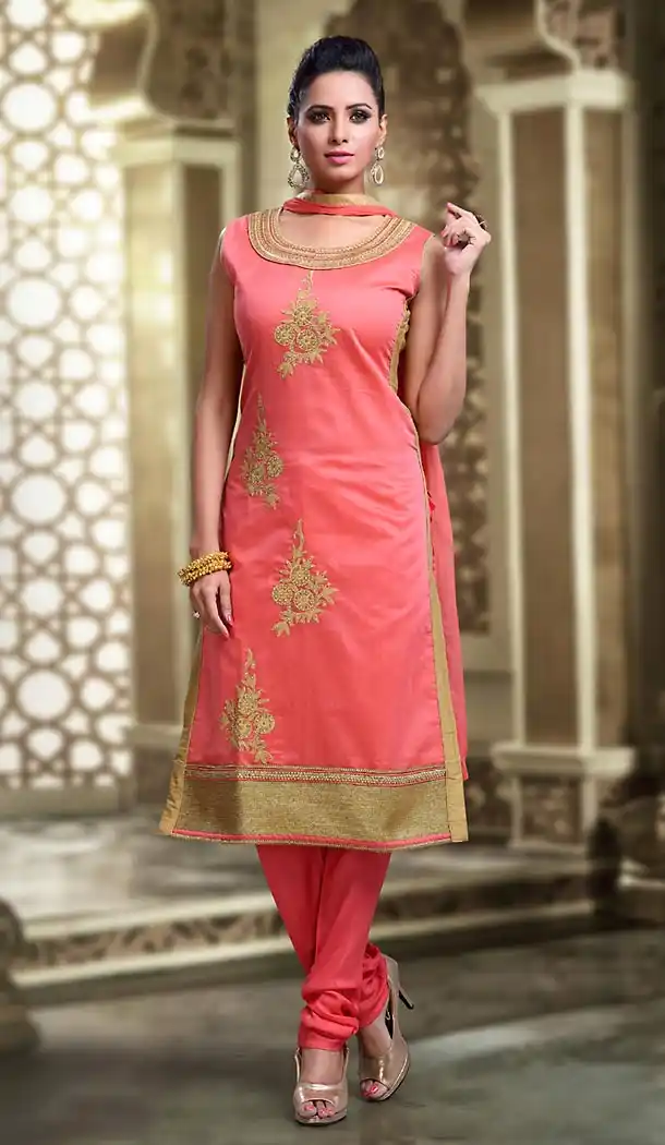 Salmon Color Chanderi Silk Straight Cut Readymade Churidar Suit | FH512878084