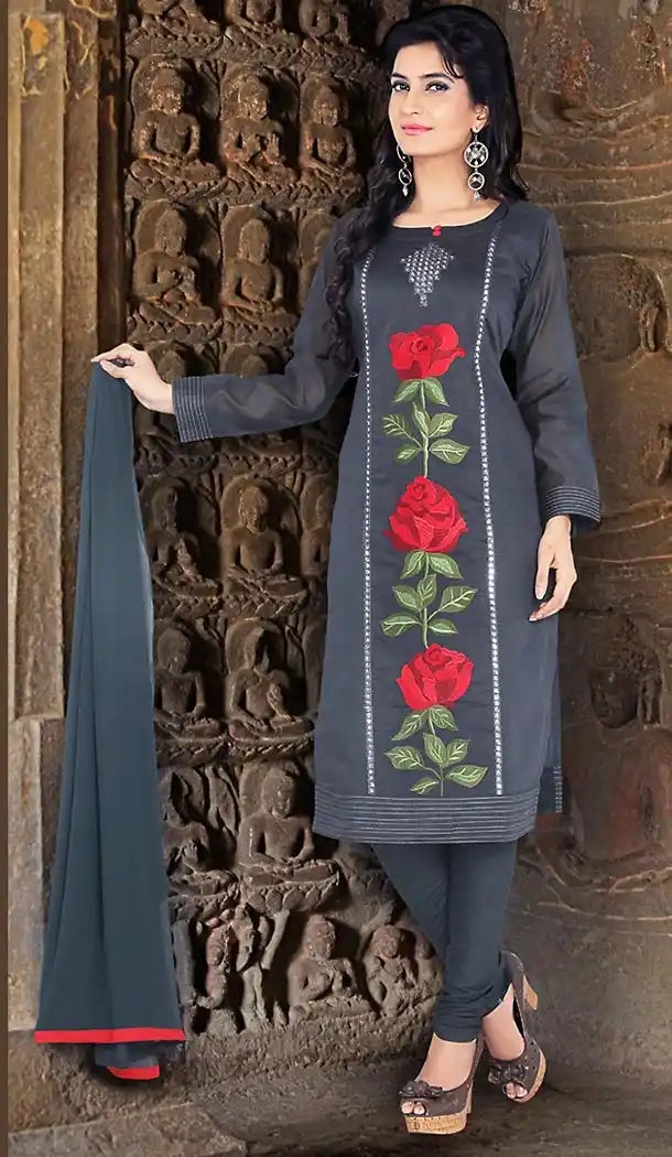 Slate Grey Color Chanderi Silk Straight Cut Readymade Churidar Suit | FH512978085