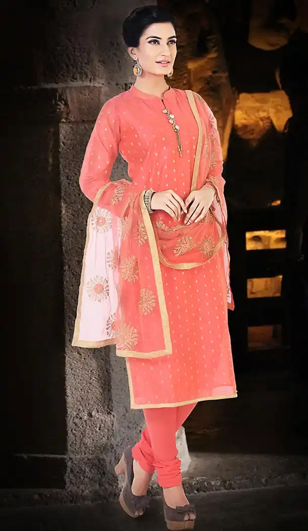 Salmon Color Chanderi Silk Straight Cut Readymade Churidar Suit | FH512978087