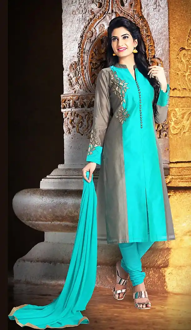 Turquoise Color Chanderi Silk Achkan Readymade Churidar Suit | FH512978088