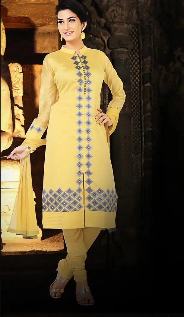 Yellow Color Chanderi Silk Achkan Readymade Churidar Suit | FH512978089