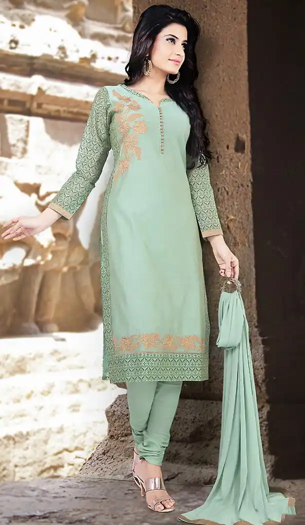 Aloe Vera Green Color Chanderi Silk Straight Cut Readymade Churidar Suit | FH512978091