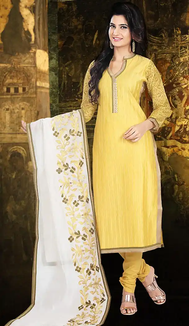 Yellow Color Chanderi Silk Straight Cut Readymade Churidar Suit | FH512978092