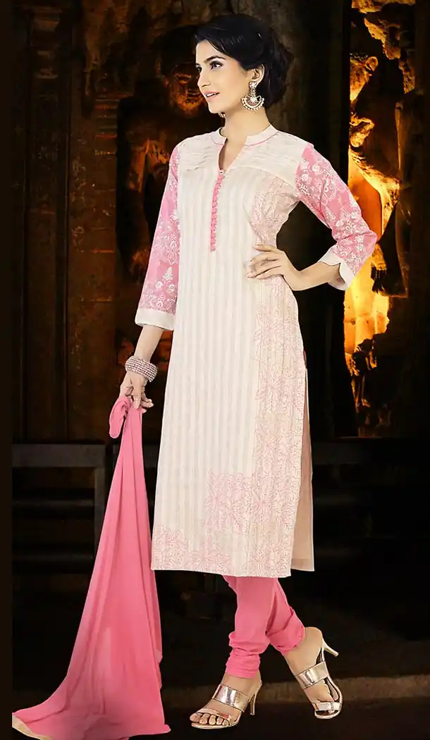 Off White Color Chanderi Silk Straight Cut Readymade Churidar Suit | FH512978093