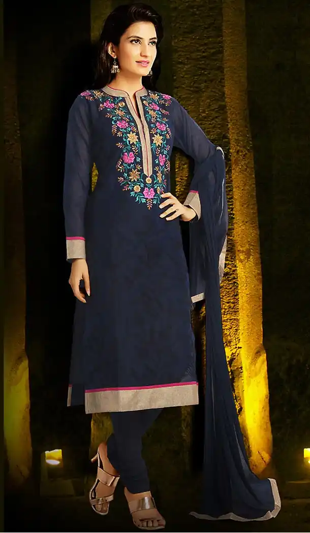 Navy Blue Color Chanderi Silk Straight Cut Readymade Churidar Suit | FH512978095