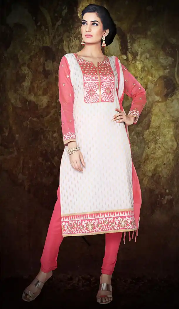 White Color Chanderi Silk Straight Cut Readymade Churidar Suit | FH512978098