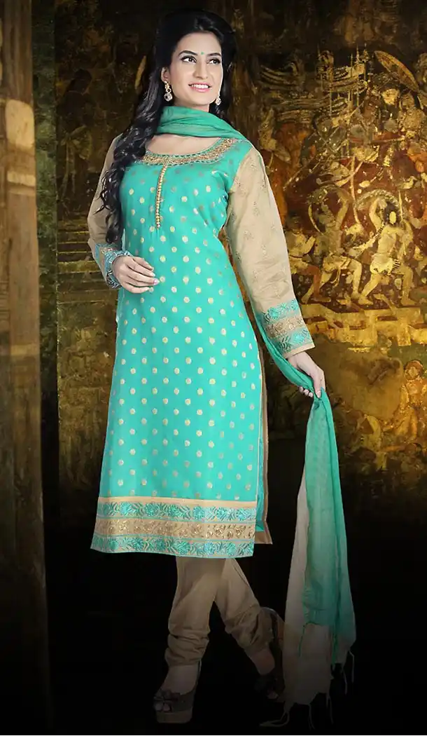 Turquoise Color Chanderi Silk Straight Cut Readymade Churidar Suit | FH512978099