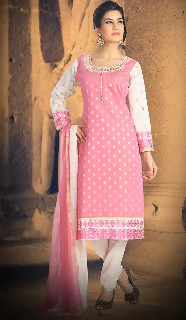 Salmon Color Chanderi Silk Straight Cut Readymade Churidar Suit | FH512978100