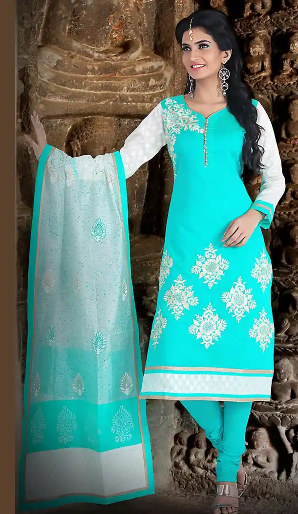 Turquoise Color Chanderi Silk Straight Cut Readymade Churidar Suit | FH512978102