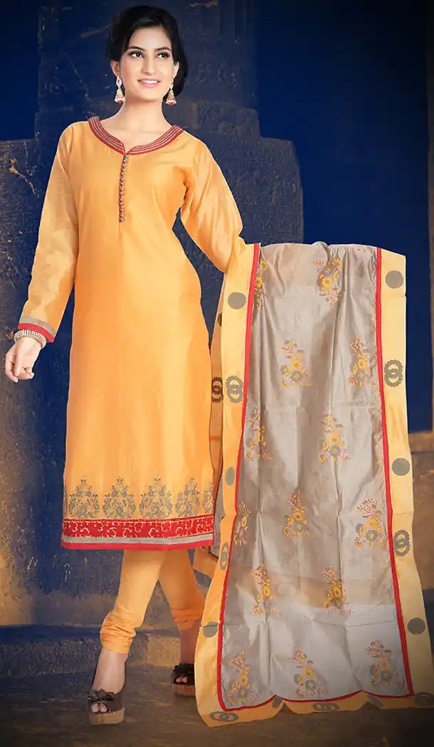 Orange Color Chanderi Silk Straight Cut Readymade Churidar Suit | FH512978103