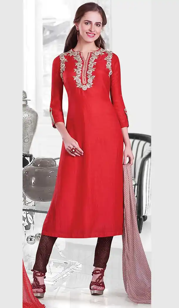 Red Color Silk Straight Cut Style Designer Readymade Salwar Kameez | FH513078107