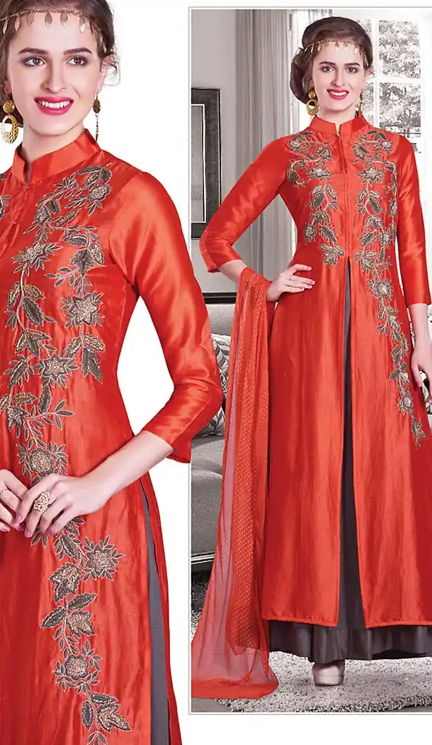 Red Color Chanderi Silk Achkan Style Designer Readymade Salwar Kameez | FH513078108