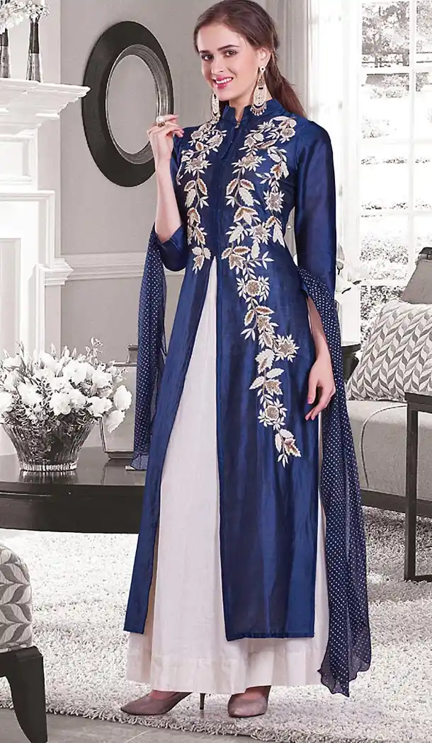 Navy Blue Color Chanderi Silk Achkan Style Designer Readymade Salwar Kameez | FH513078109