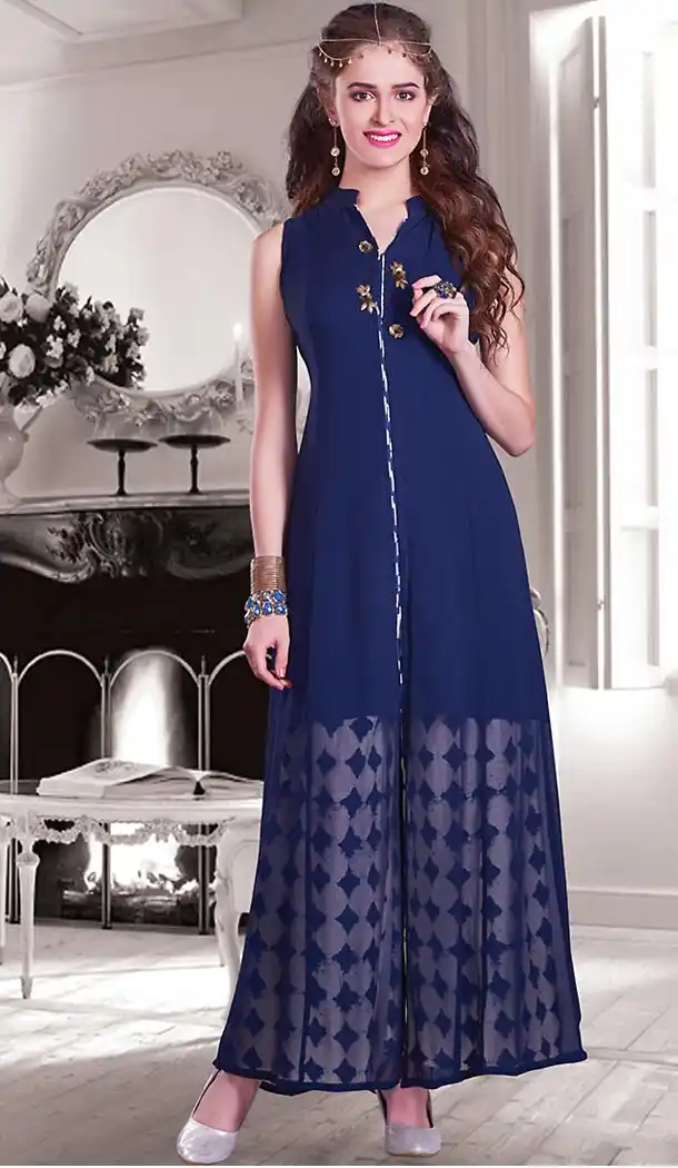 Navy Blue Color Georgette Achkan Style Designer Readymade Salwar Kameez | FH513078111