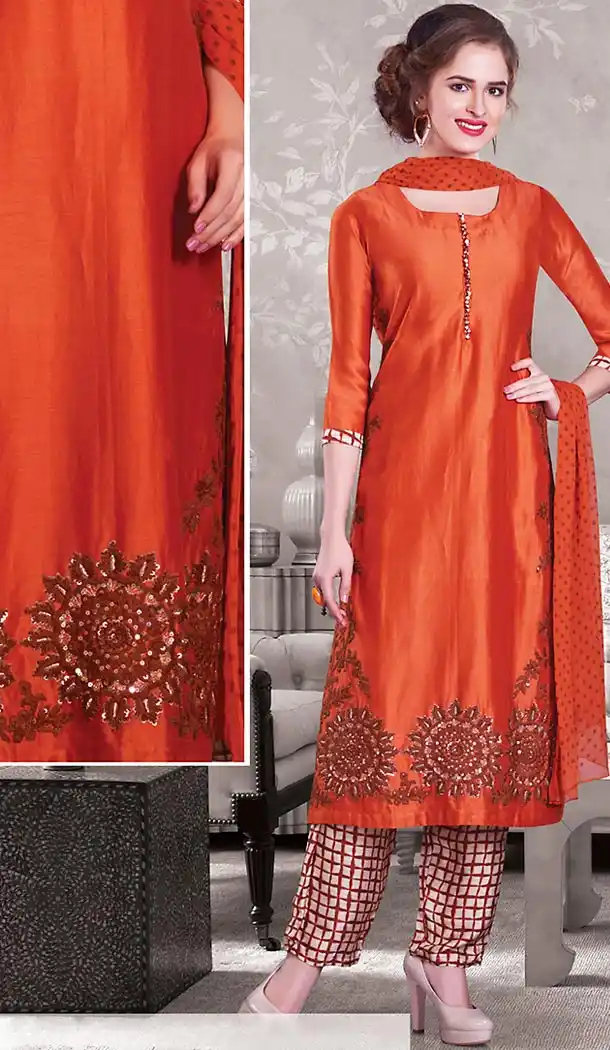 Orange Color Chanderi Silk Straight Cut Style Designer Readymade Salwar Kameez | FH513078113