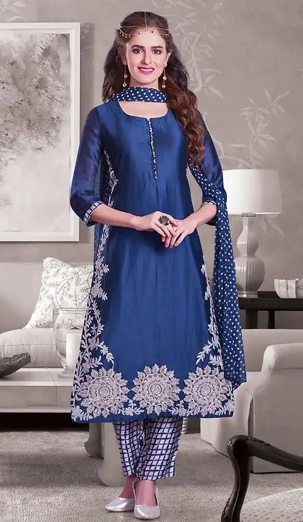 Navy Blue Color Chanderi Silk Straight Cut Designer Readymade Salwar Kameez | FH513078114