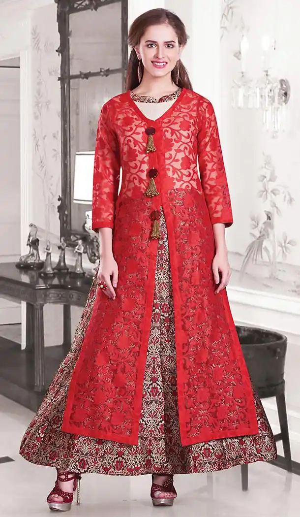 Red Color Jacquard Designer Readymade Salwar Kameez | FH513178119