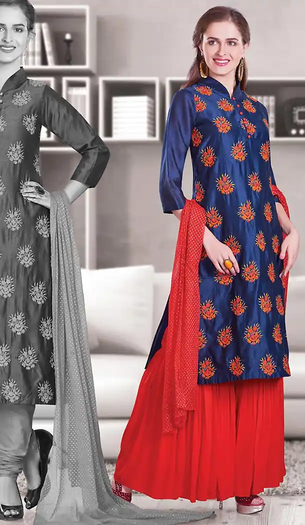 Navy Blue Color Chanderi Silk Designer Readymade Salwar Kameez | FH513178120