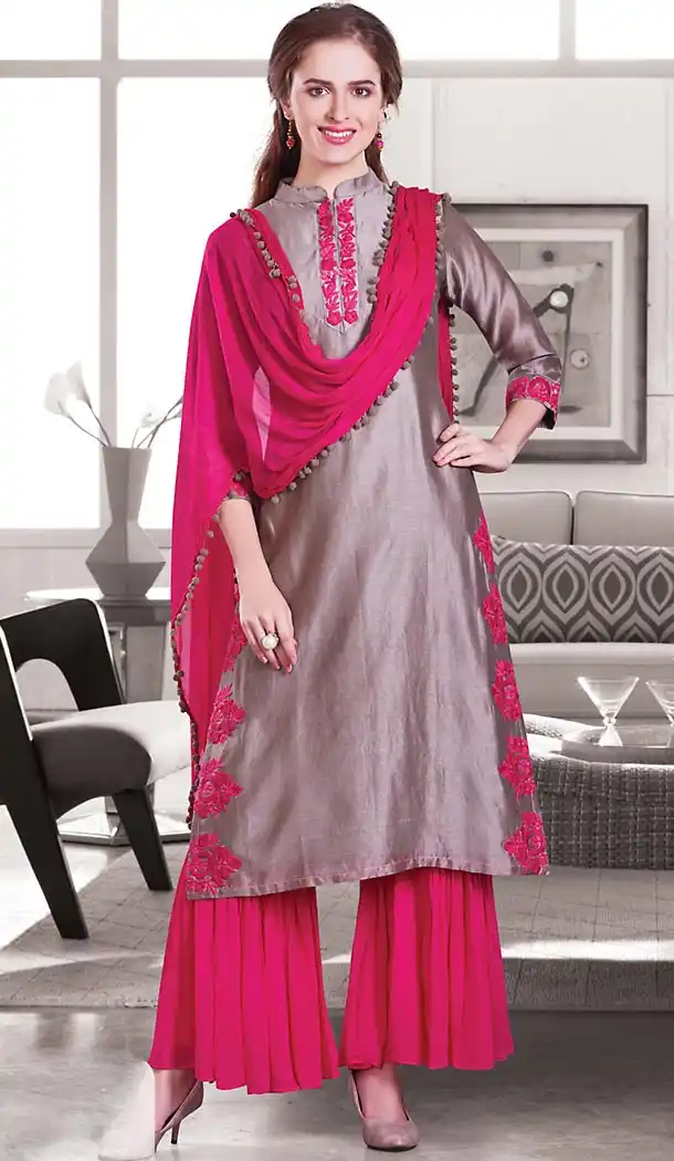 Slate Color Chanderi Silk Designer Readymade Salwar Kameez | FH513178125