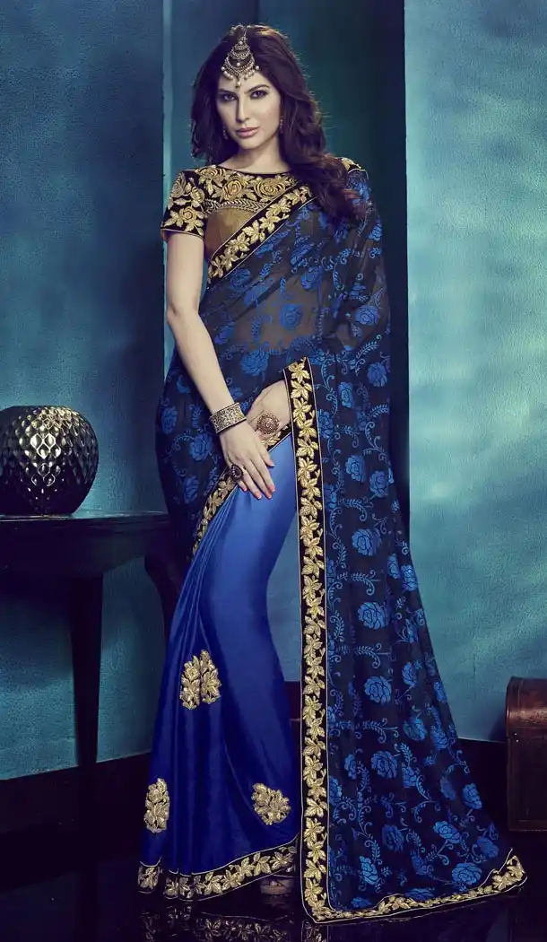 Navy Blue Color Net Silk Traditional Wear Saris Blouse | FH513278196