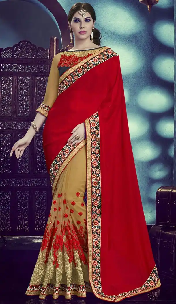 Red Color Net Chinon Fabric Traditional Wear Saris Blouse | FH513278197