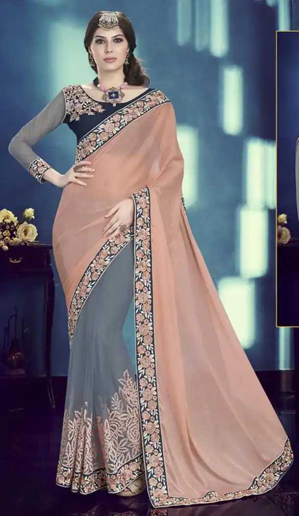 Slate Grey Color Net Fabric Traditional Wear Saris Blouse | FH513278198
