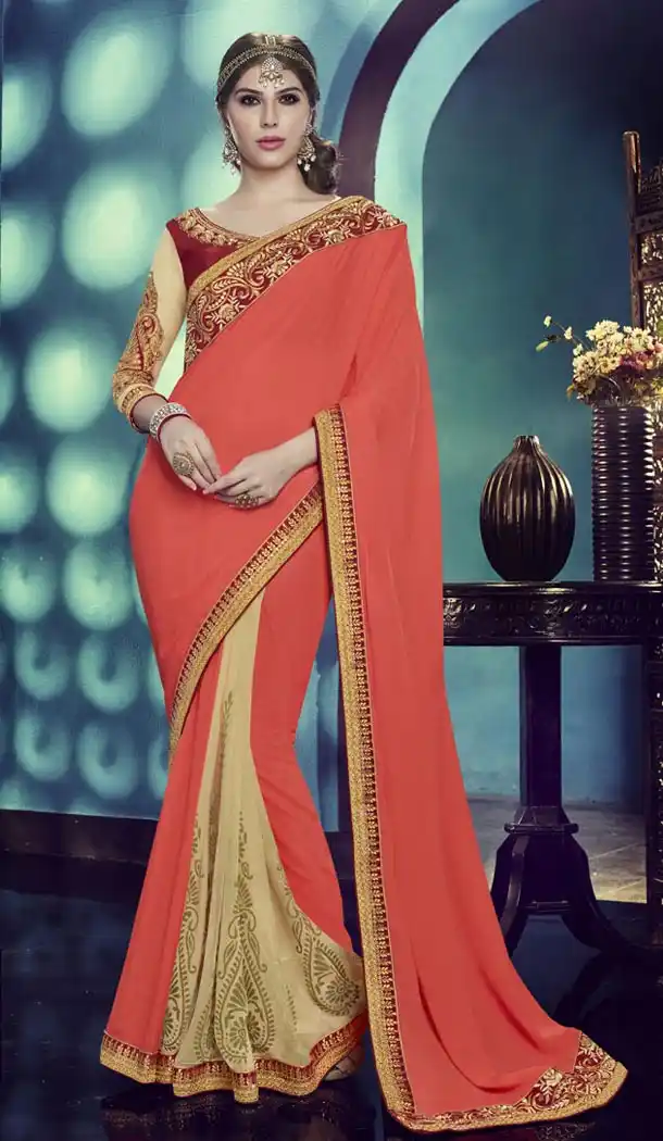 Salmon Color Chiffon Fabric Traditional Wear Saris Blouse | FH513278201