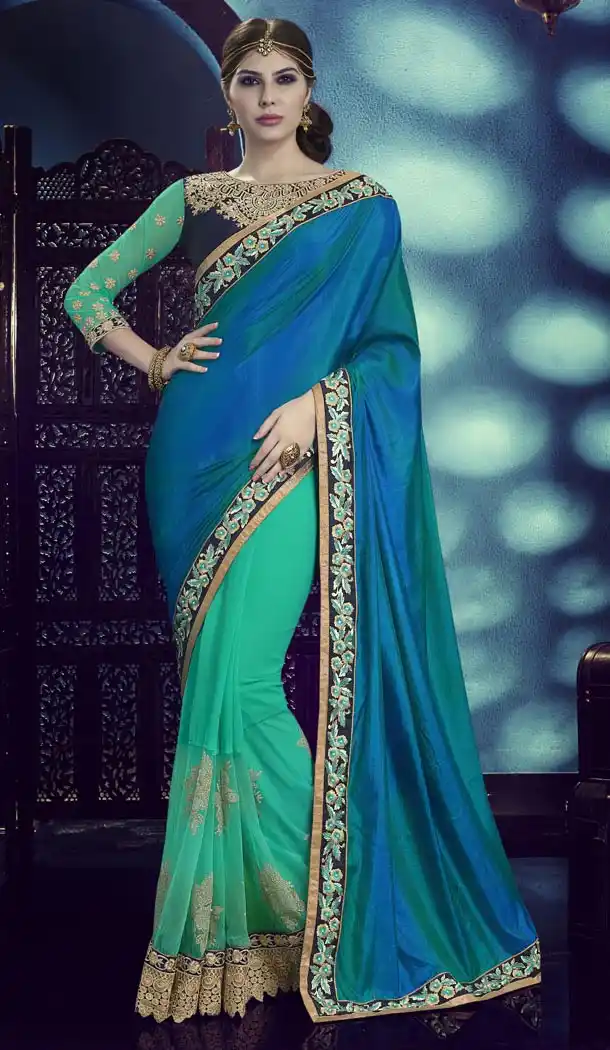 Turquoise Color Georgette Silk Fabric Traditional Wear Saris Blouse | FH513278204