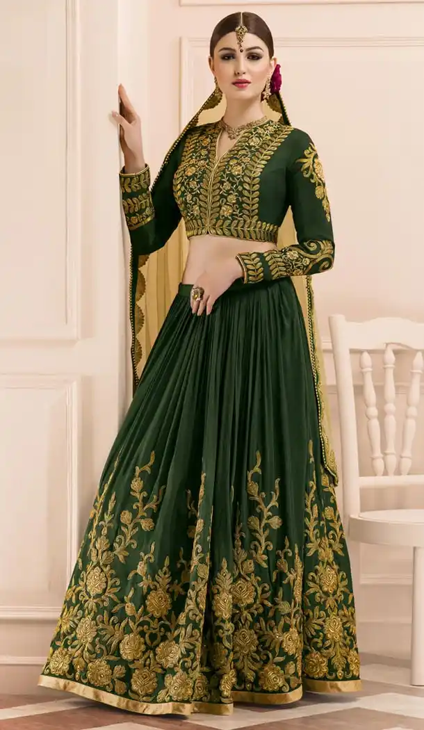 Bottle Green Color Silk A Line Style Designer Lehenga Choli | FH513478239